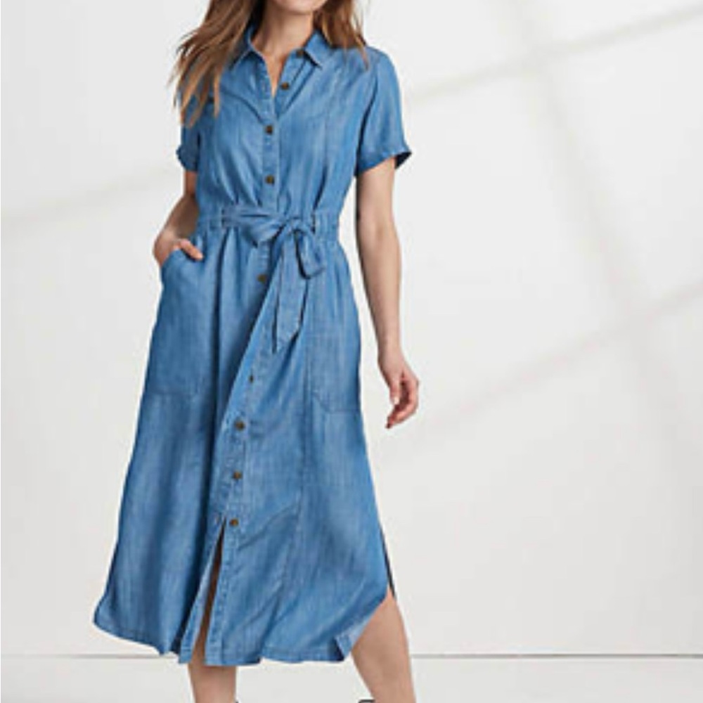Lands' End Blue Buttoned Tie Front Midi Dress